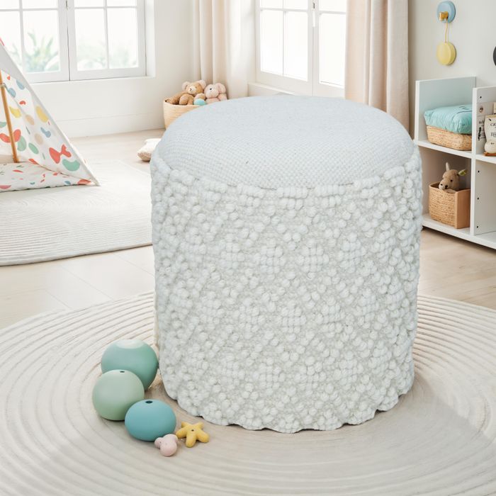 FineBuy Runder Hocker aus Wolle mit Stauraum, Boho Sitzhocker Ø 40 cm x H 45 cm, Abnehmbare Sitzfläche, Dekohocker & Fußhocker in Weiß, Beistellhocker Wohnzimmer Schlafzimmer Flur