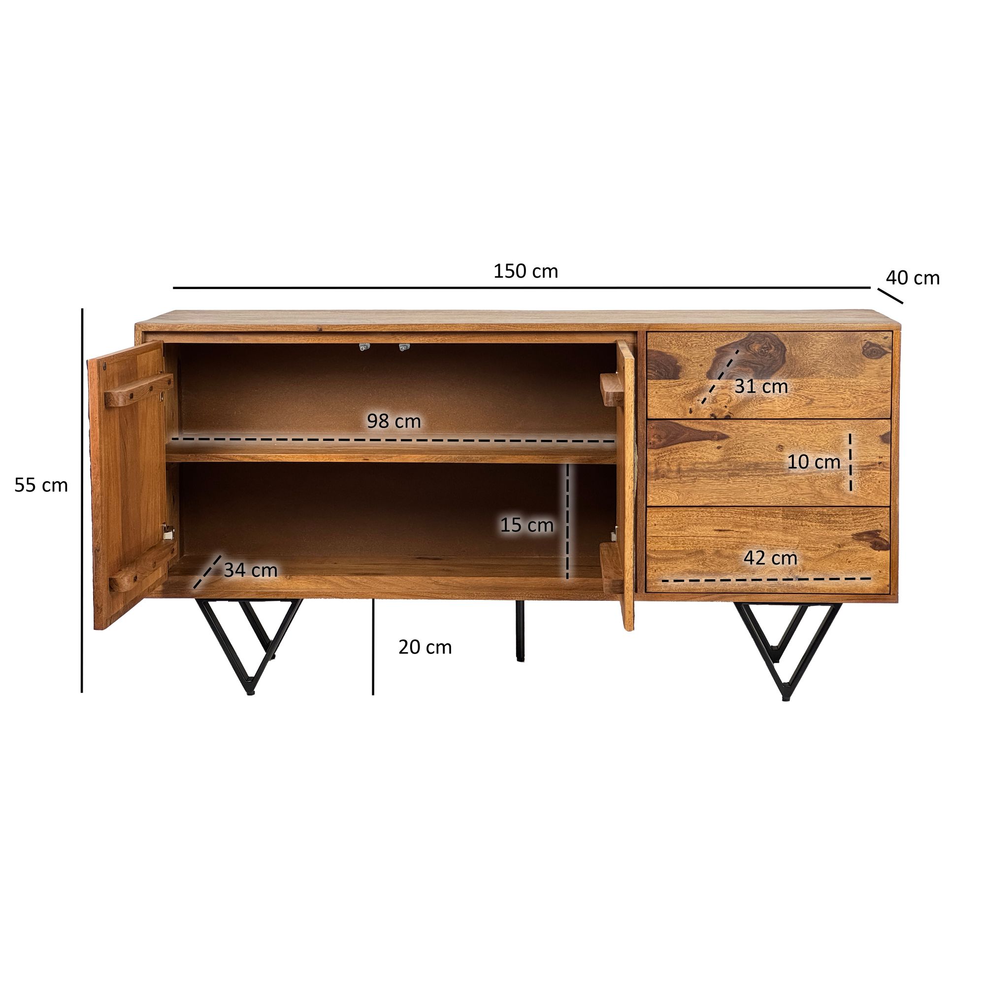 Sideboard FineBuy Kommode Sheesham Massivholz 150 cm Türen Steinoptik Schubladen – Ansicht 3