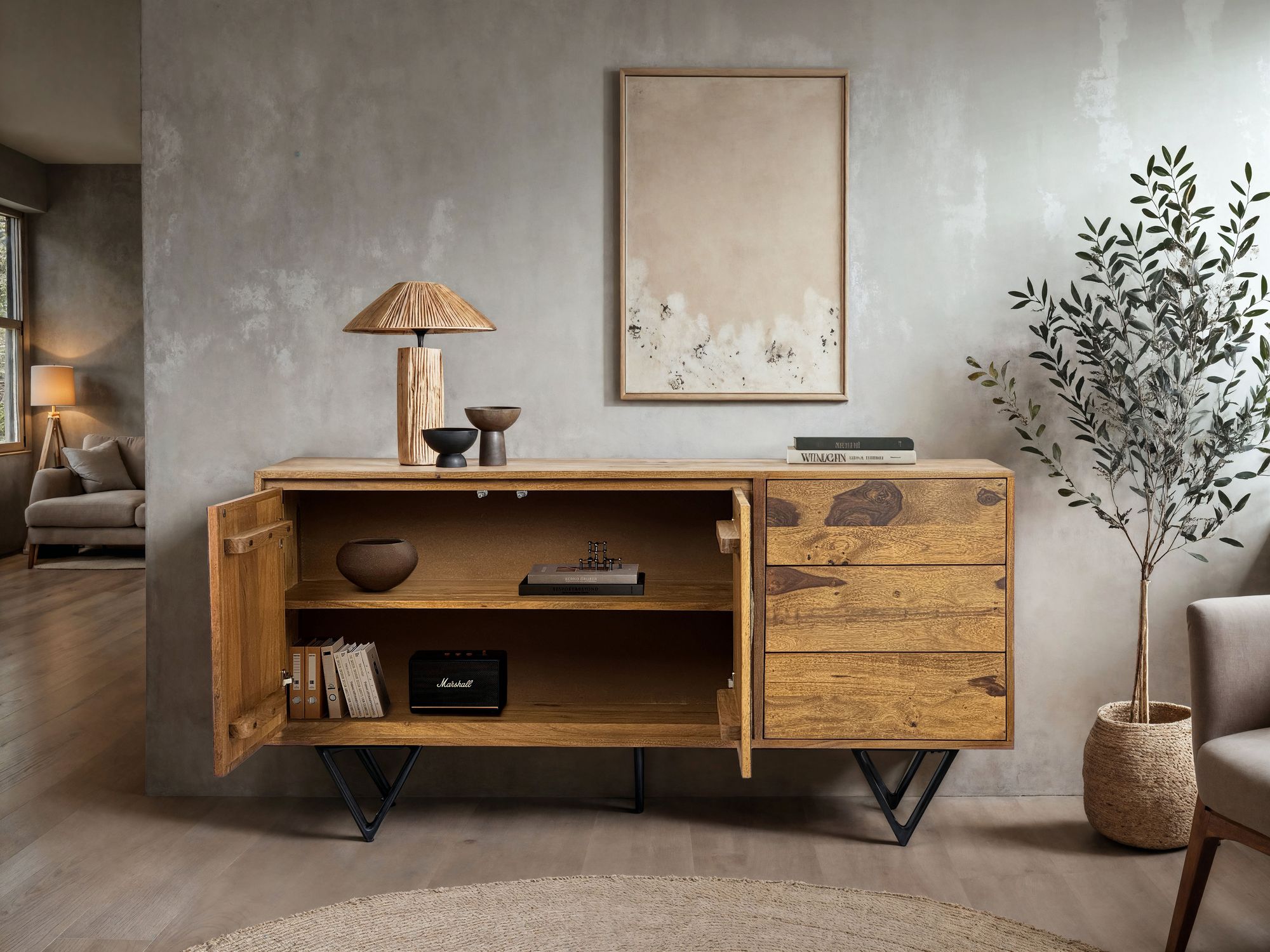 Sideboard FineBuy Kommode Sheesham Massivholz 150 cm Türen Steinoptik Schubladen – Ansicht 2