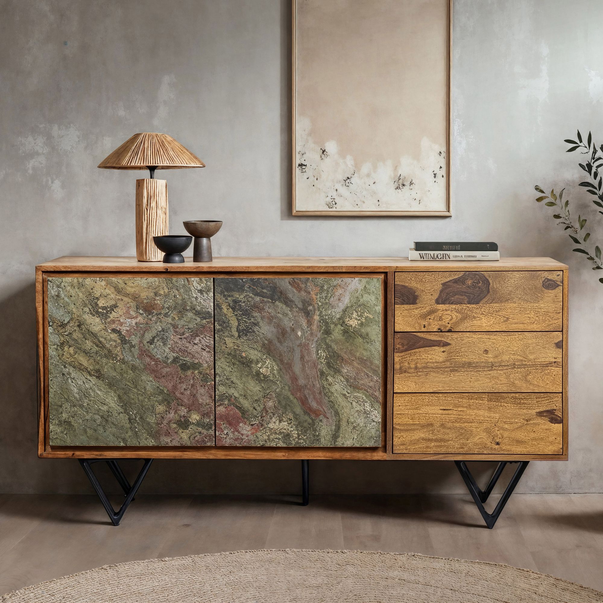 Sideboard FineBuy Kommode Sheesham Massivholz 150 cm Türen Steinoptik Schubladen – Ansicht 1