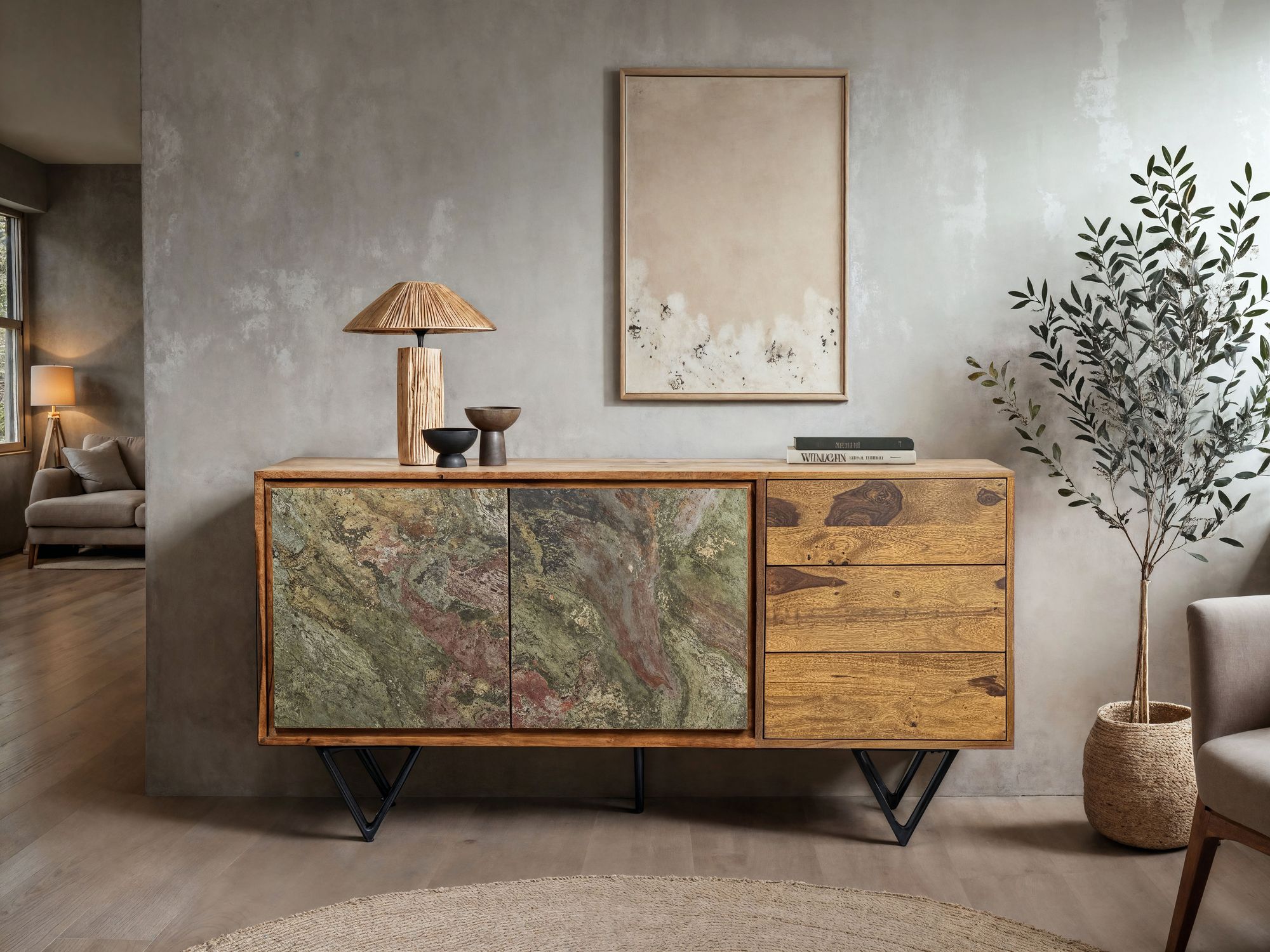 Sideboard FineBuy Kommode Sheesham Massivholz 150 cm Türen Steinoptik Schubladen – Ansicht 4