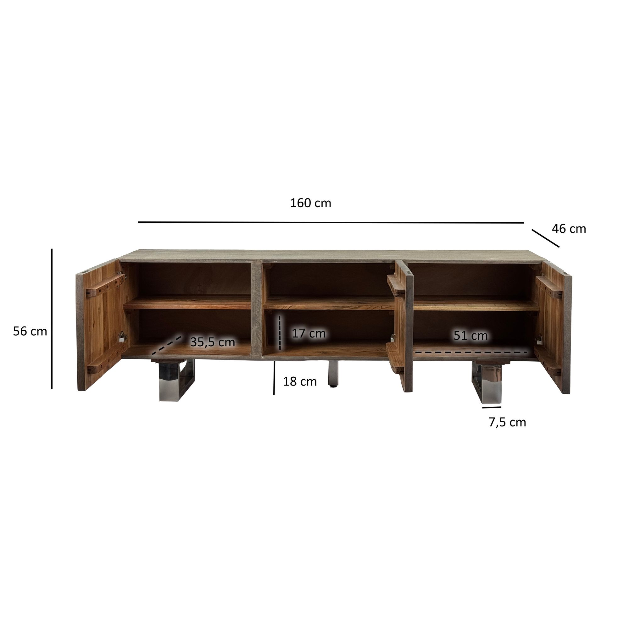 TV Schrank FineBuy Lowboard 160 cm Smoked Grey Holz Massiv Fernsehkommode Grau – Ansicht 3