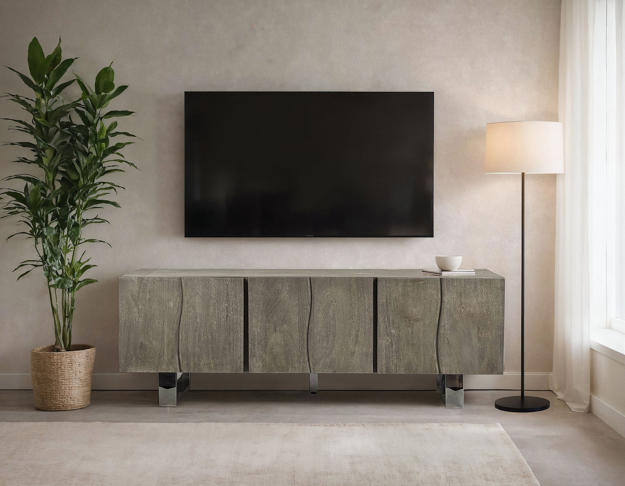 TV Schrank FineBuy Lowboard 160 cm Smoked Grey Holz Massiv Fernsehkommode Grau – Ansicht 4