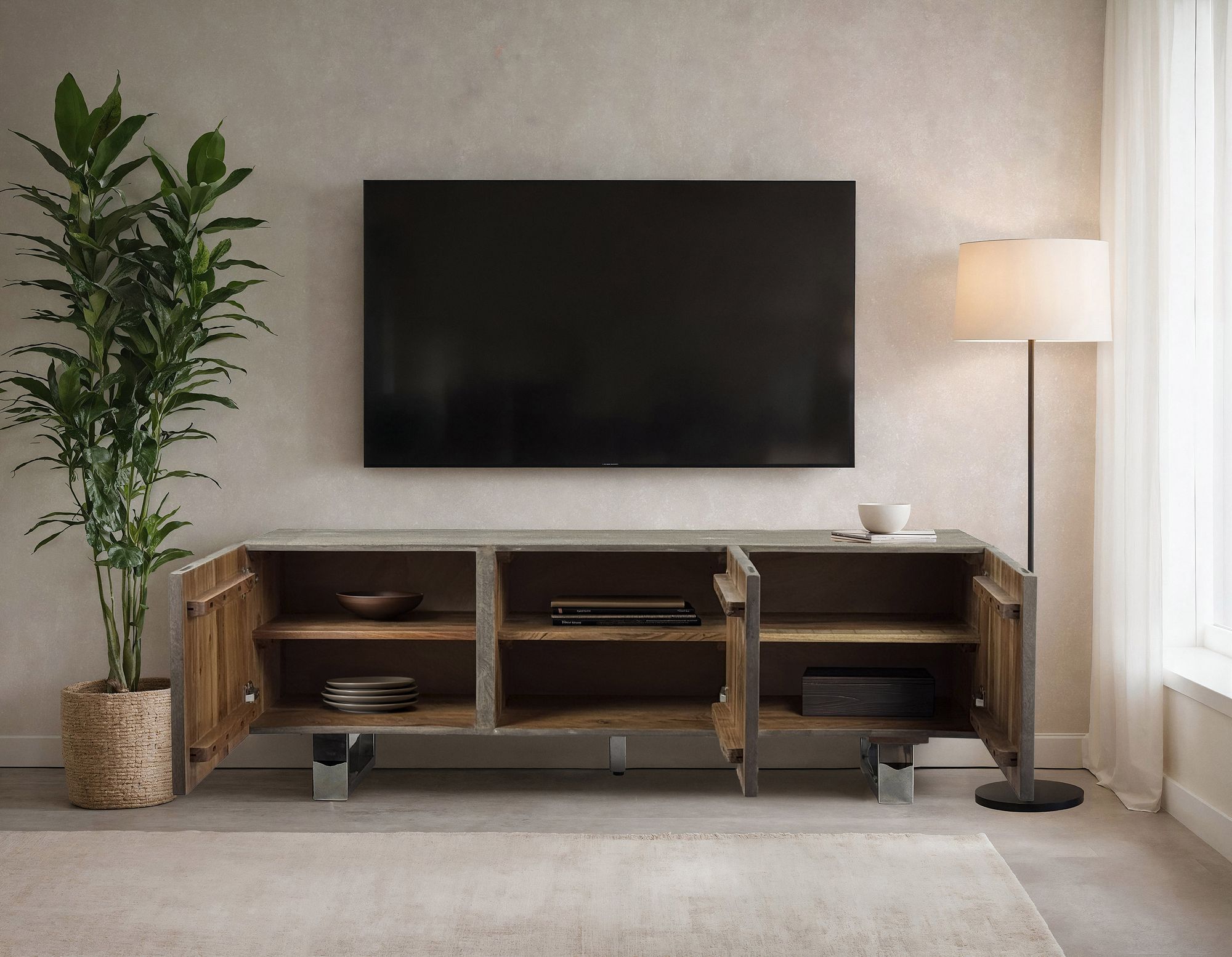TV Schrank FineBuy Lowboard 160 cm Smoked Grey Holz Massiv Fernsehkommode Grau – Ansicht 2
