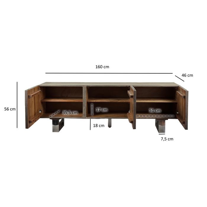 TV Schrank FineBuy Lowboard 160 cm Smoked Grey Holz Massiv Fernsehkommode Grau – Maßzeichnung
