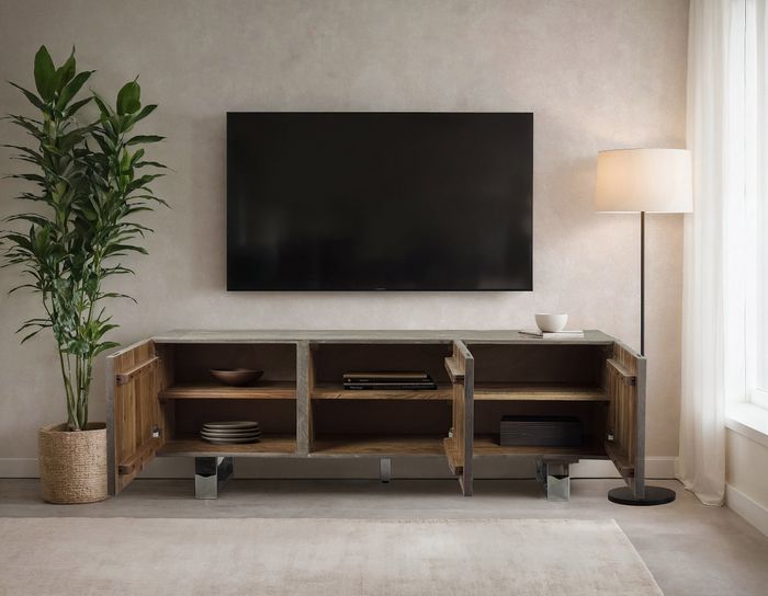 FineBuy Lowboard Akazie Massivholz Smoked Grey 160x56x46 cm TV-Kommode mit drei Türen, Design TV-Schrank Hoch, Fernsehtisch Fernsehschrank Grau Modern, Fernsehkommode Wohnzimmer mit Metallbeine