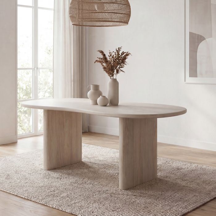 FineBuy Design Esstisch 180cm Mango Massivholz in White Wash - Massiver Esszimmertisch Weiß - Holztisch in Nierenform organisch - Retro Tisch für Esszimmer