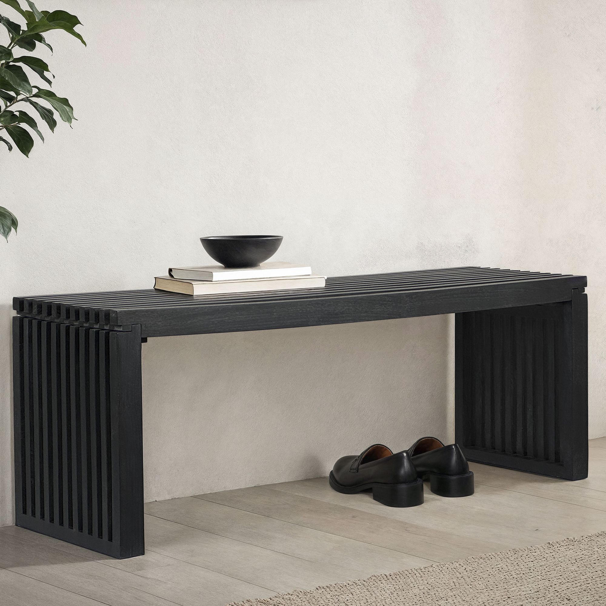 Sitzbank FineBuy Garderobenbank Akazie Massivholz 120 cm Schwarz Flurbank Klein – Ansicht 1