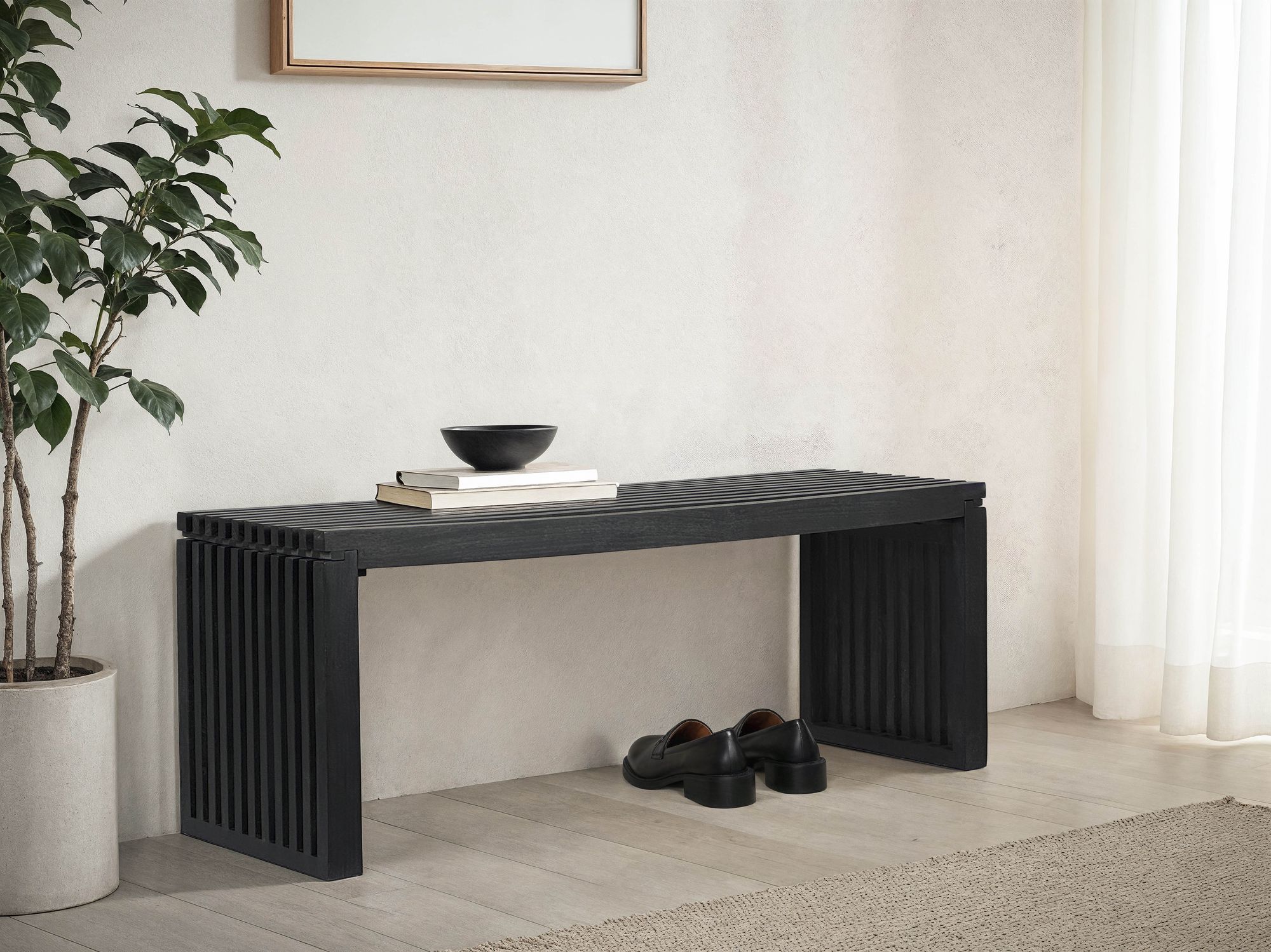 Sitzbank FineBuy Garderobenbank Akazie Massivholz 120 cm Schwarz Flurbank Klein – Ansicht 2