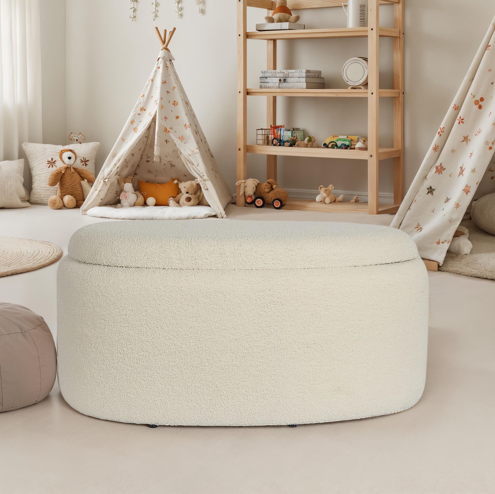 Sitzhocker FineBuy Polsterhocker Stoff mit Stauraum oval 81 cm Creme modern – Ansicht 2