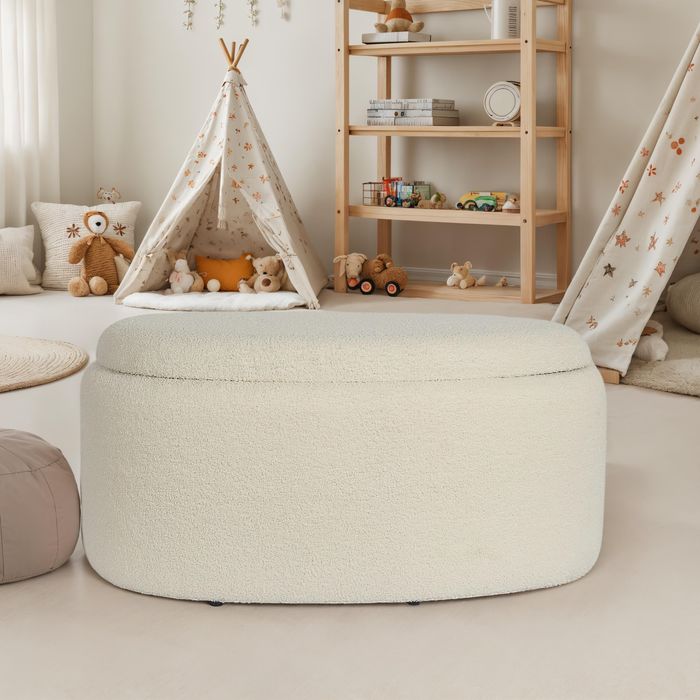 FineBuy Sitzhocker mit Stauraum Stoff oval 81 cm, abnehmbarer Deckel, Polsterhocker modern in Creme, Aufbewahrungshocker gepolstert für Wohnzimmer Schlafzimmer Flur