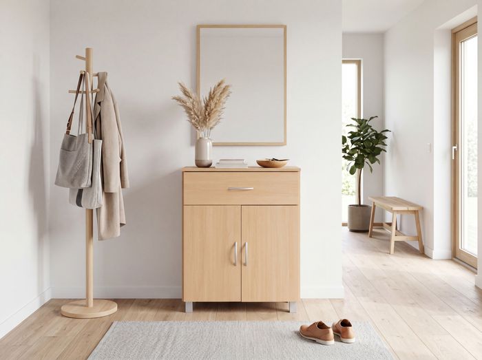FineBuy Schuhschrank mit Schublade und 2 Türen 60×75×30 cm Buche Optik, Platzsparende Schuhkommode aus Spanplatte melaminbeschichtet, Flurmöbel Schuhregal modern