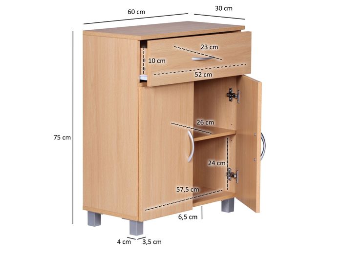 Schuhschrank FineBuy Schuhkommode Buche Optik 60 cm mit Schublade und 2 Türen – Maßzeichnung