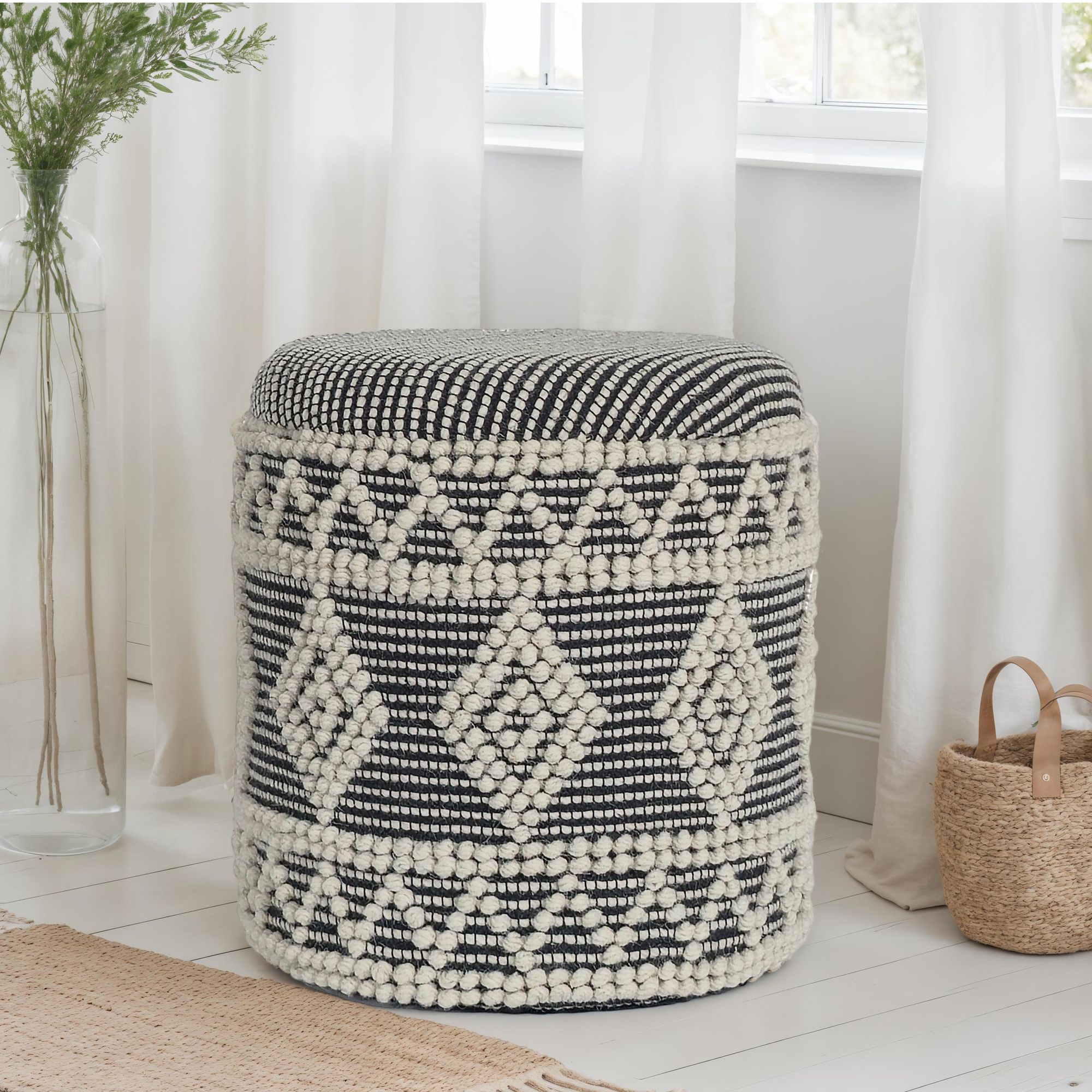 Sitzhocker FineBuy Polsterhocker Wolle Rund Grau 40 cm Boho Hocker mit Stauraum – Ansicht 1