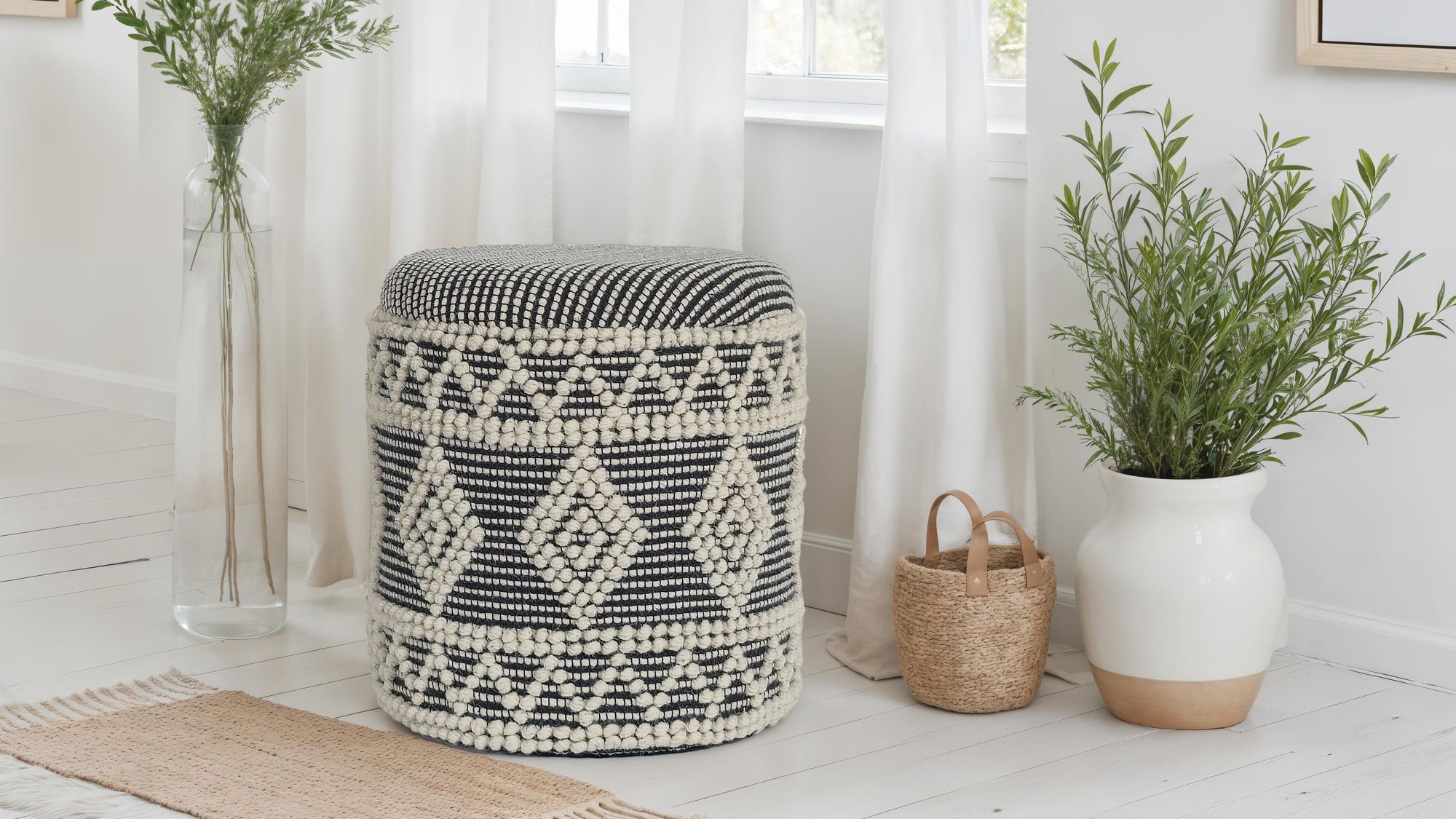 Sitzhocker FineBuy Polsterhocker Wolle Rund Grau 40 cm Boho Hocker mit Stauraum – Ansicht 4