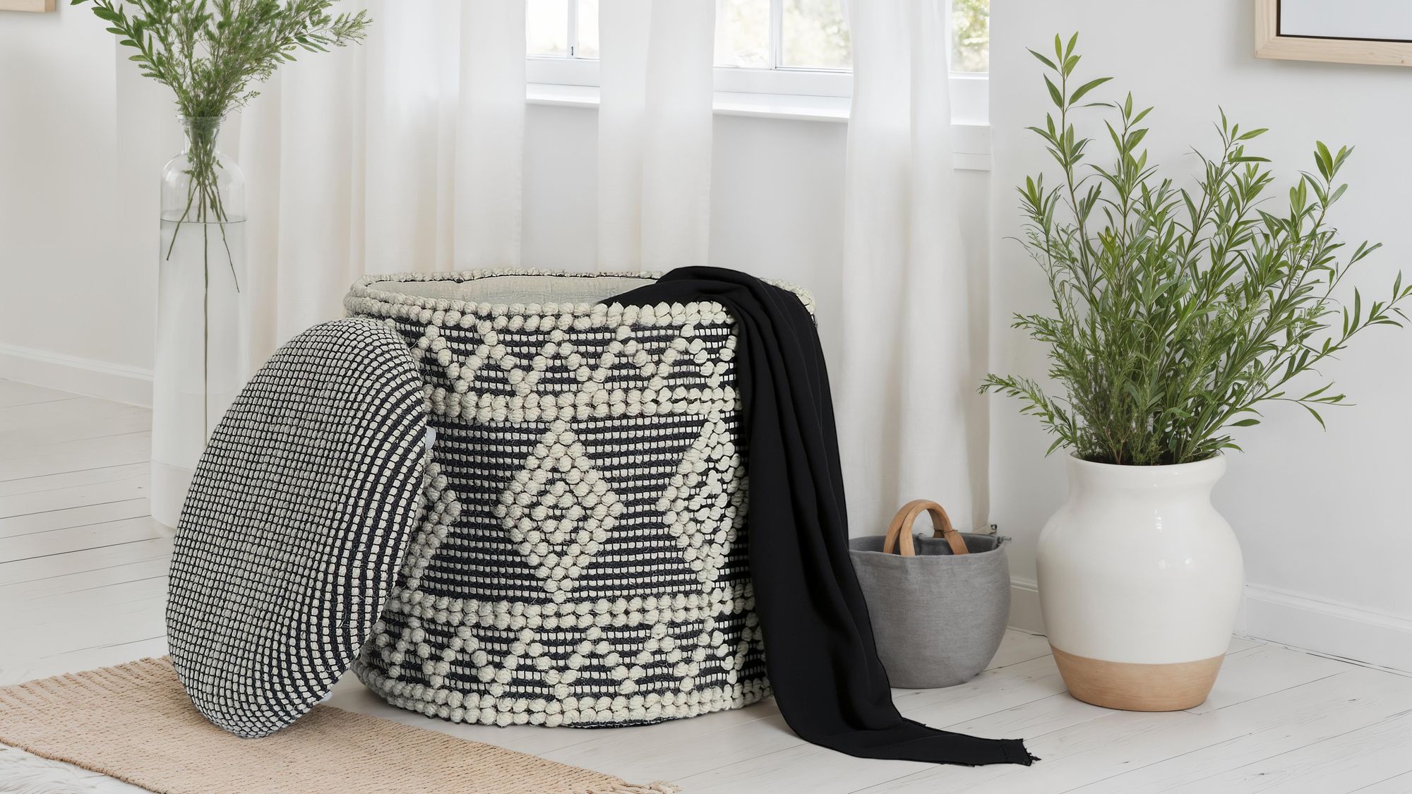 Sitzhocker FineBuy Polsterhocker Wolle Rund Grau 40 cm Boho Hocker mit Stauraum – Ansicht 2