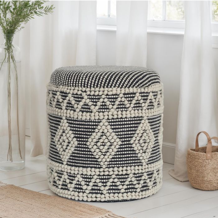FineBuy Sitzhocker aus Wolle Ø 40 x 45 cm Grau-Creme Rund Boho Hocker mit Stauraum & abnehmbarem Deckel, Polsterhocker Modern für Wohnzimmer Schlafzimmer Flur