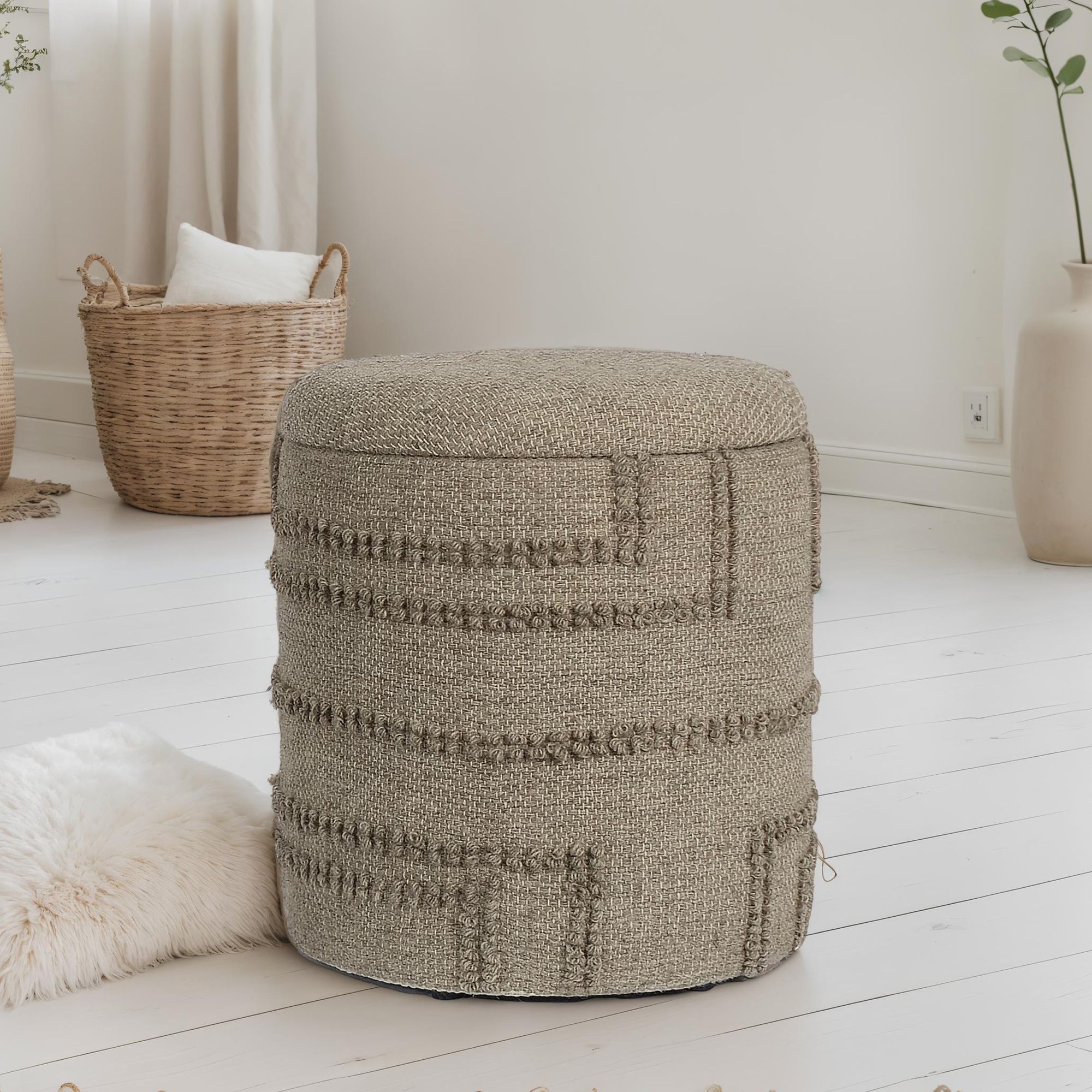 Sitzhocker FineBuy Hocker Wolle rund 40 cm mit Stauraum abnehmbarer Deckel Boho – Ansicht 1