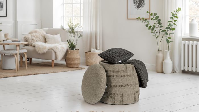 FineBuy Sitzhocker rund aus Wolle Ø 40 x 45 cm Braun mit Stauraum, abnehmbarer Deckel, Hocker mit Staufach, Beistellhocker & Polsterhocker für Wohnzimmer Schlafzimmer Flur im modernen Boho Design