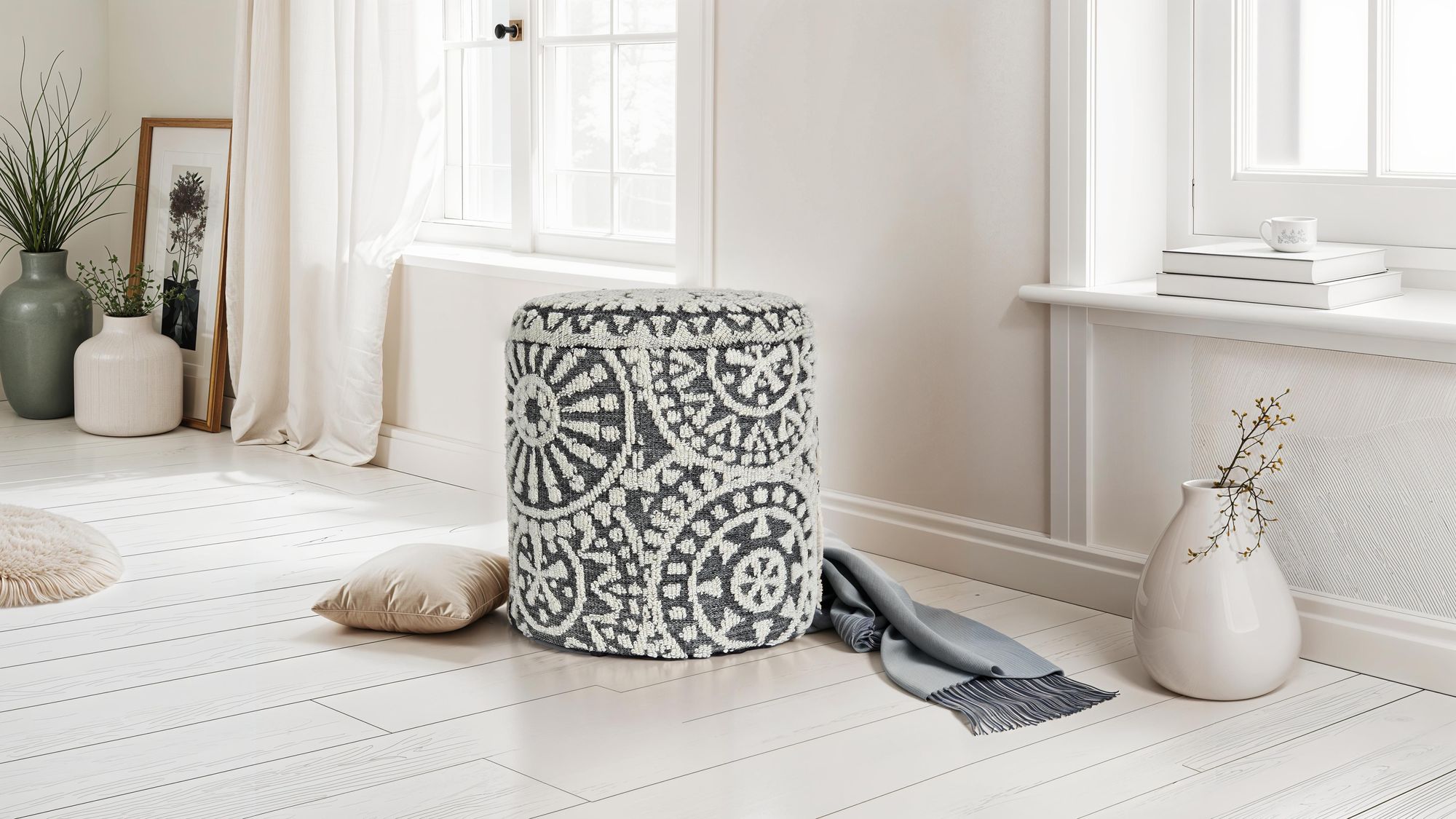 Sitzhocker FineBuy Aufbewahrungshocker Wolle rund 40 cm Stauraum Boho Design – Ansicht 4