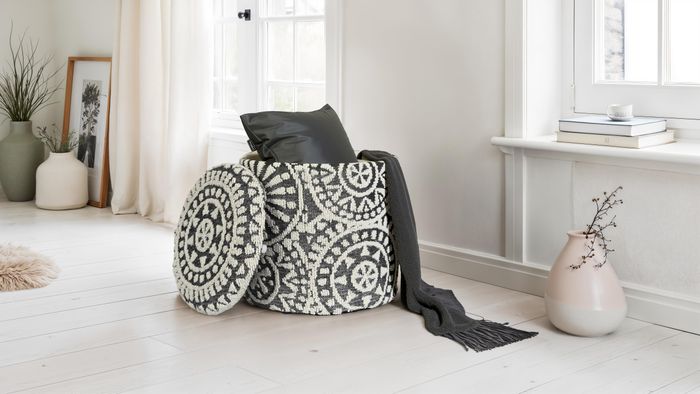 FineBuy Sitzhocker rund Ø 40 × 45 cm Grau-Creme aus Wolle mit Stauraum, abnehmbarer Deckel, Fußhocker im Boho Design, Aufbewahrungshocker für Wohnzimmer Schlafzimmer Flur