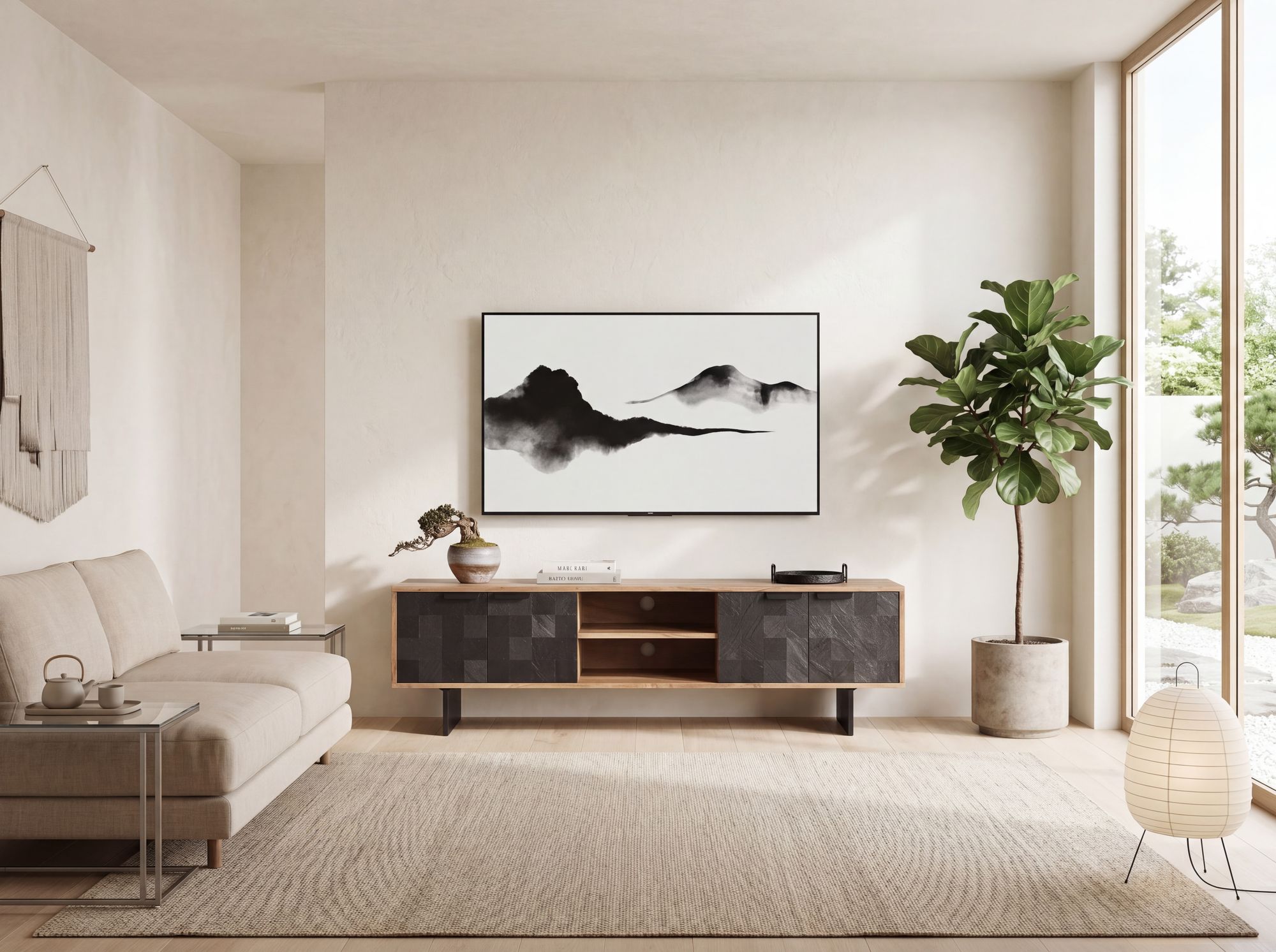 Lowboard FineBuy TV Board Akazie Massivholz 150 cm mit Steinoptik Fronten Groß – Ansicht 5