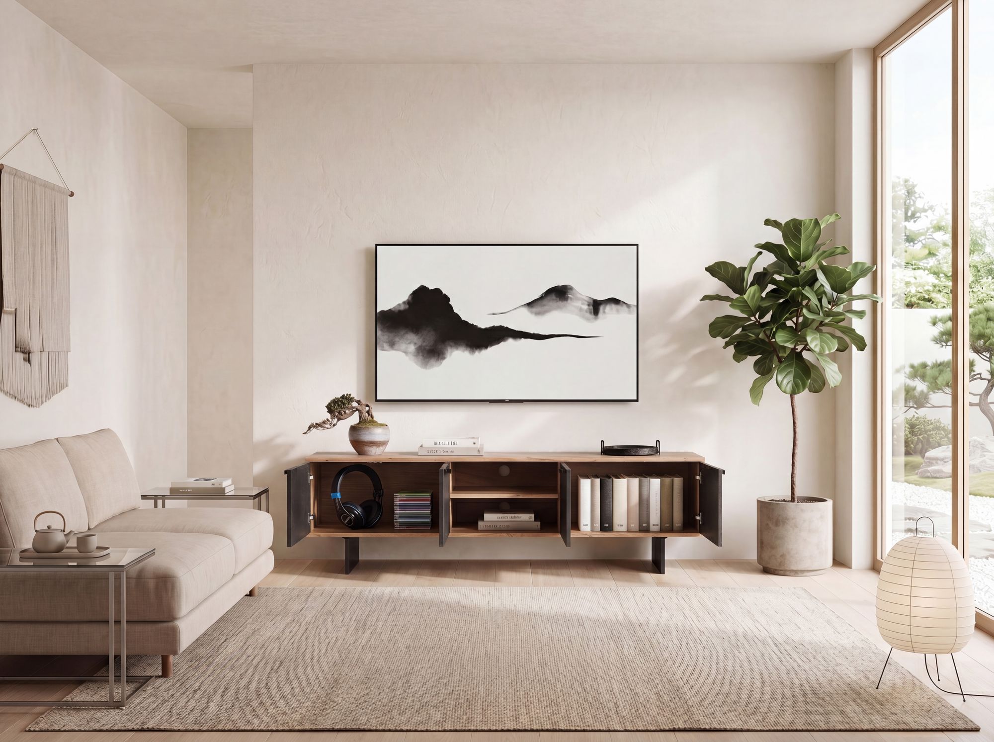 Lowboard FineBuy TV Board Akazie Massivholz 150 cm mit Steinoptik Fronten Groß – Ansicht 2