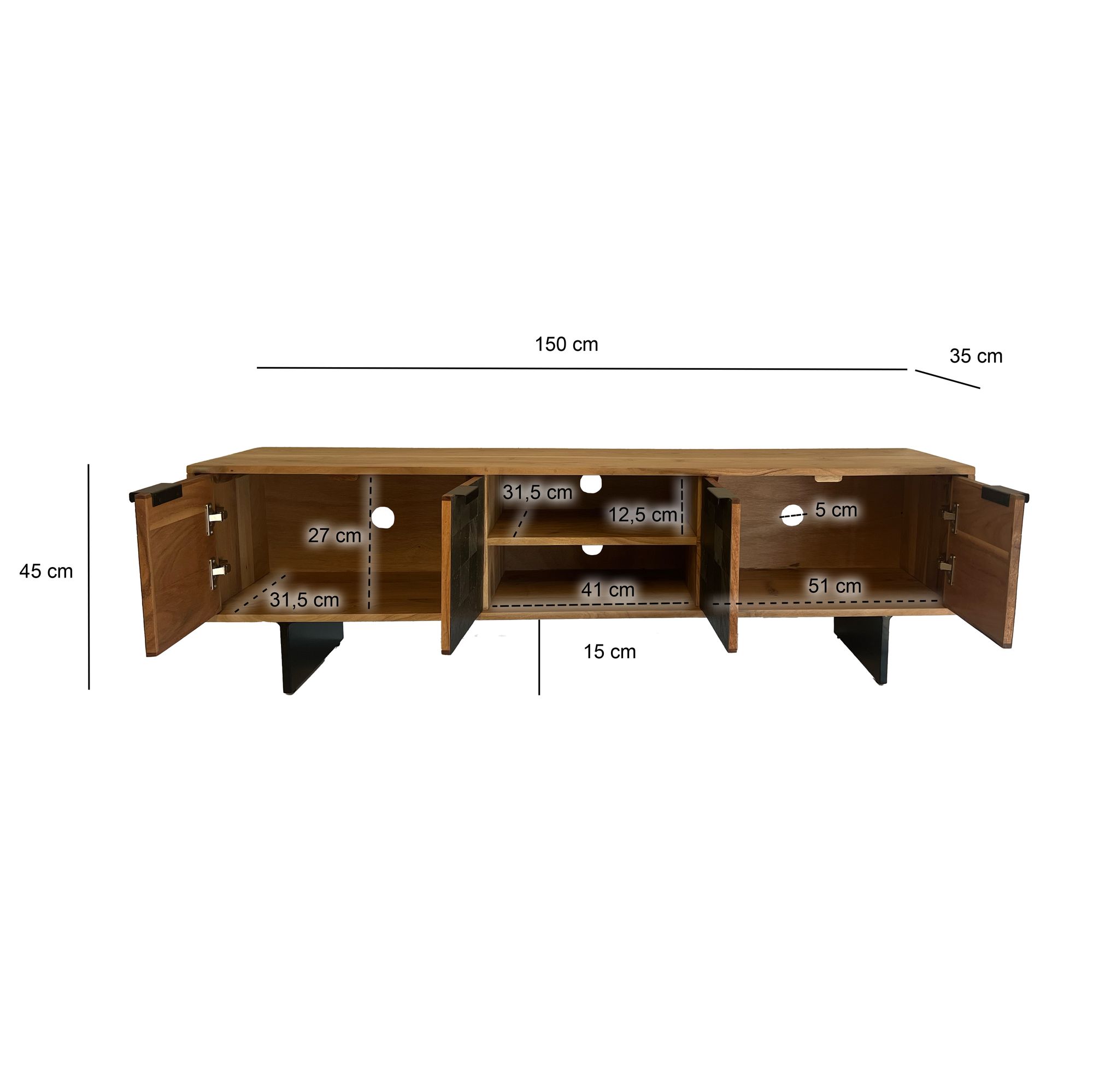 Lowboard FineBuy TV Board Akazie Massivholz 150 cm mit Steinoptik Fronten Groß – Ansicht 3