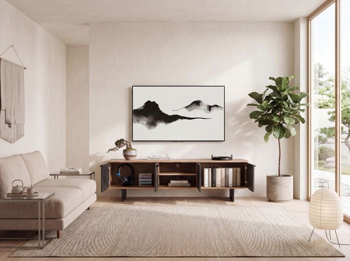 FineBuy Lowboard Akazie Massivholz 150 cm, TV Board mit Steinoptik Fronten & Metallgestell, Fernsehtisch modern mit Stauraum & Kabeldurchführung, TV Schrank Design Industrial für Wohnzimmer