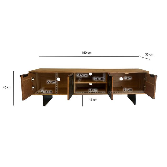 Lowboard FineBuy TV Board Akazie Massivholz 150 cm mit Steinoptik Fronten Groß – Maßzeichnung