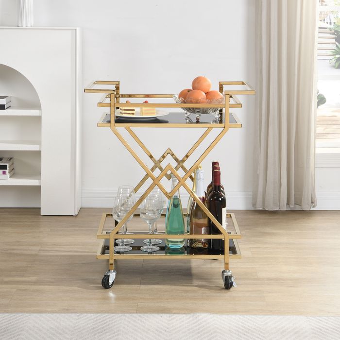 FineBuy Servierwagen Gold mit Glasablagen 65x80x40 cm, Moderner Barwagen auf Rollen, Design Getränkewagen & Teewagen Metall Schwarz Gold für Wohnzimmer Küche Esszimmer Rollwagen Multifunktional