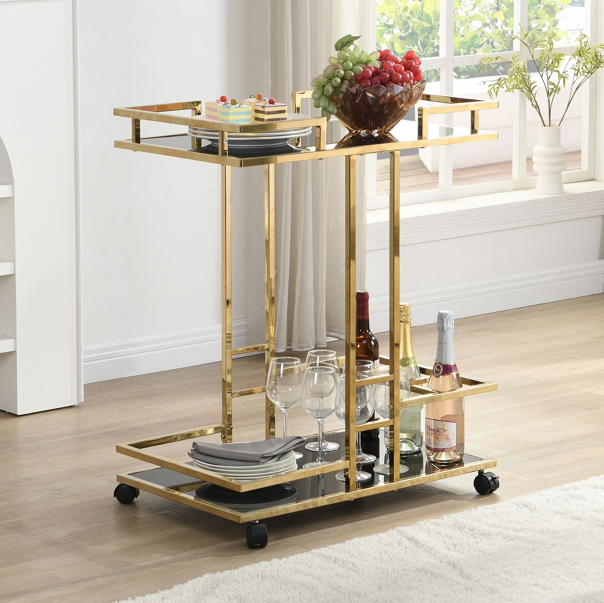 Servierwagen FineBuy Barwagen Gold Glas Metall 67,5 cm Rollwagen Flaschenhalter – Ansicht 1