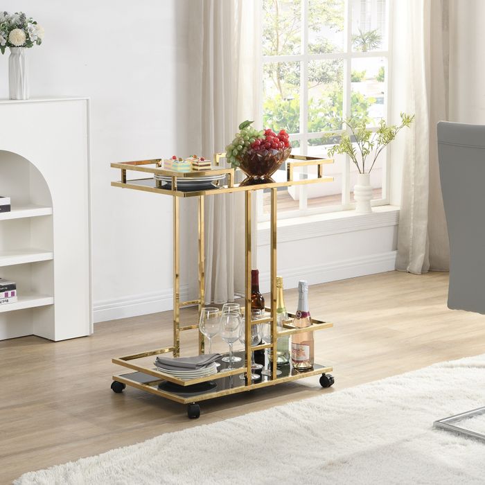 FineBuy Servierwagen Gold Metall mit Glas Ablagen auf Rollen 67,5x83,5x43 cm, Moderner Barwagen mit Flaschenhalter, Teewagen Getränke Trolley für Wohnzimmer Küche Hausbar Rollwagen Multifunktional