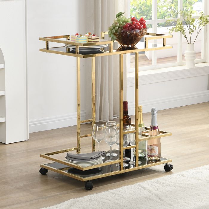 FineBuy Servierwagen Gold Metall mit Glas Ablagen auf Rollen 67,5x83,5x43 cm, Moderner Barwagen mit Flaschenhalter, Teewagen Getränke Trolley für Wohnzimmer Küche Hausbar Rollwagen Multifunktional