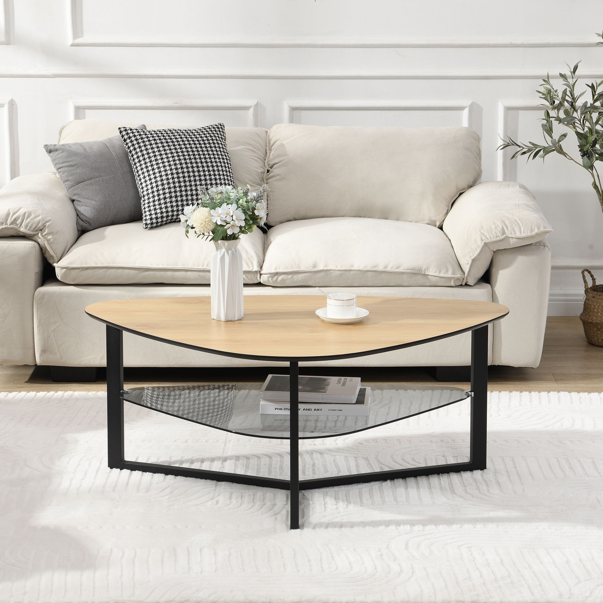 Wohnzimmertisch FineBuy Couchtisch Nierenförmig Eiche Optik Glas Ablage 110 cm – Ansicht 4