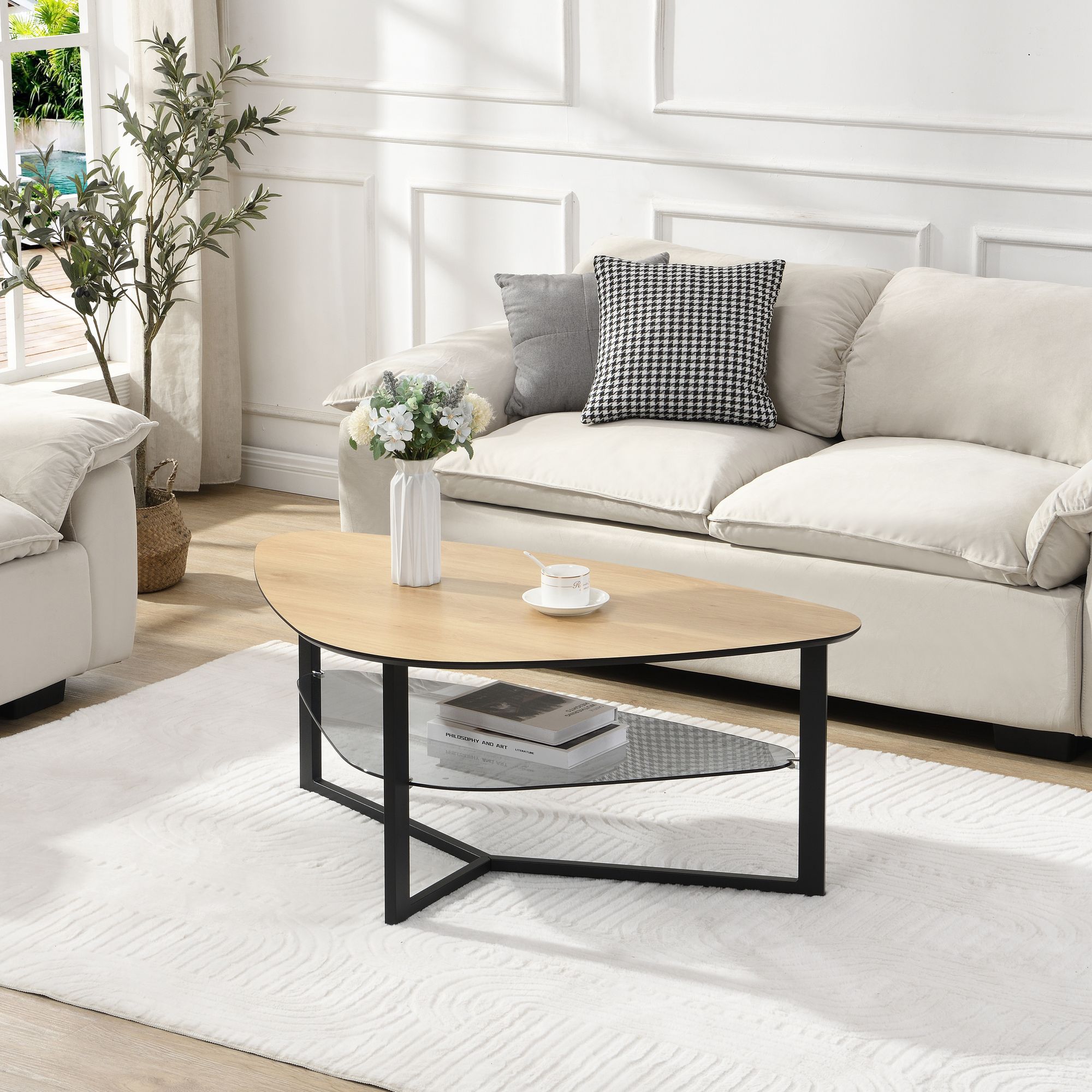Wohnzimmertisch FineBuy Couchtisch Nierenförmig Eiche Optik Glas Ablage 110 cm – Ansicht 2