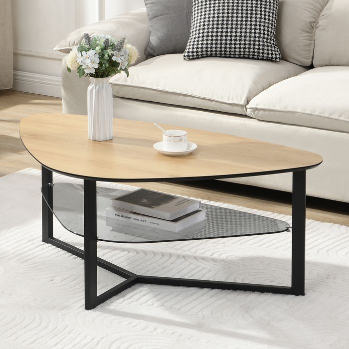 FineBuy Couchtisch nierenförmig Eiche Optik 110 cm mit Glasablage & Metallgestell, Großer Wohnzimmertisch im Retro-Design, Stabiler Sofatisch Beistelltisch