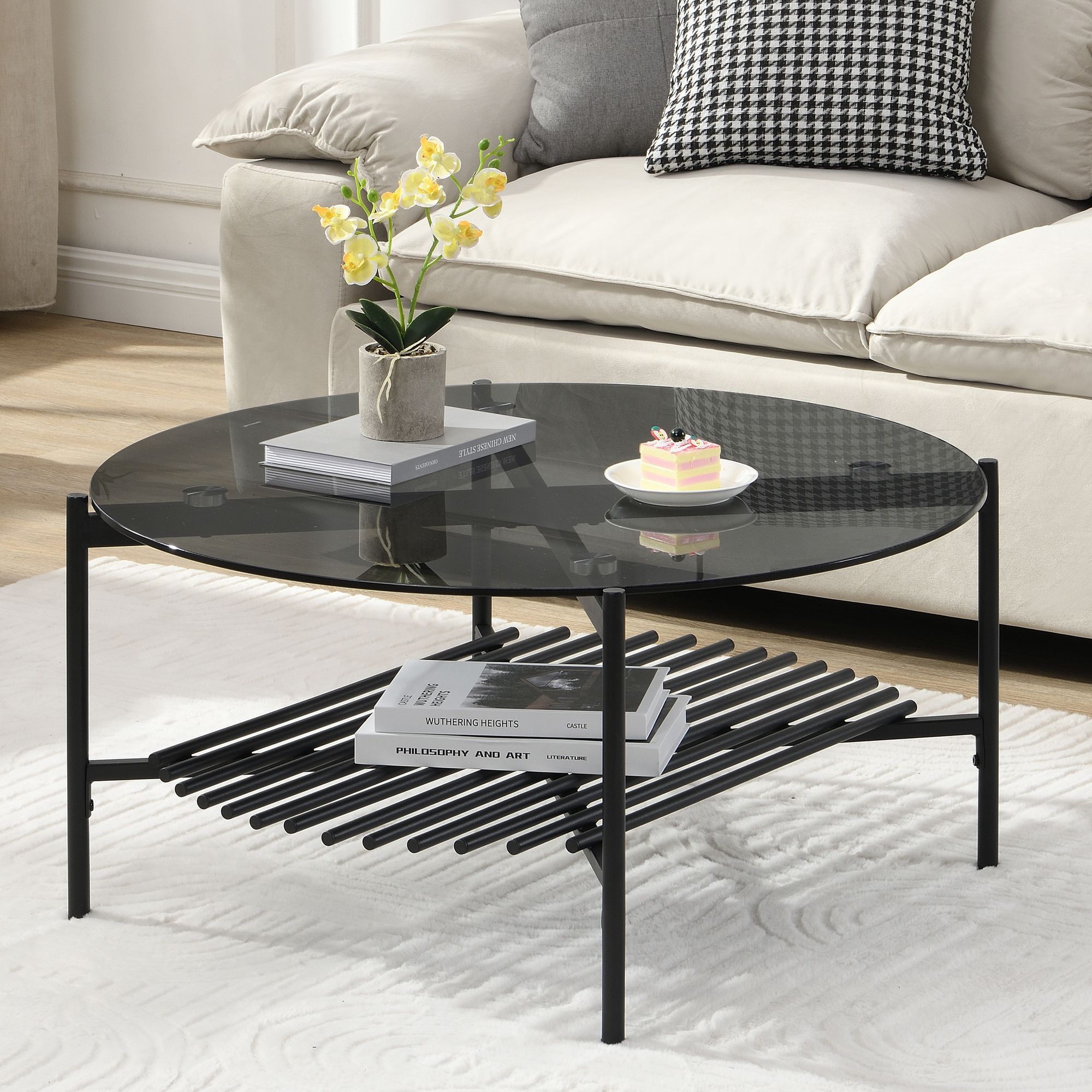 Couchtisch FineBuy Wohnzimmertisch Glas Metall 80 cm Schwarz Rund Sofatisch – Ansicht 1