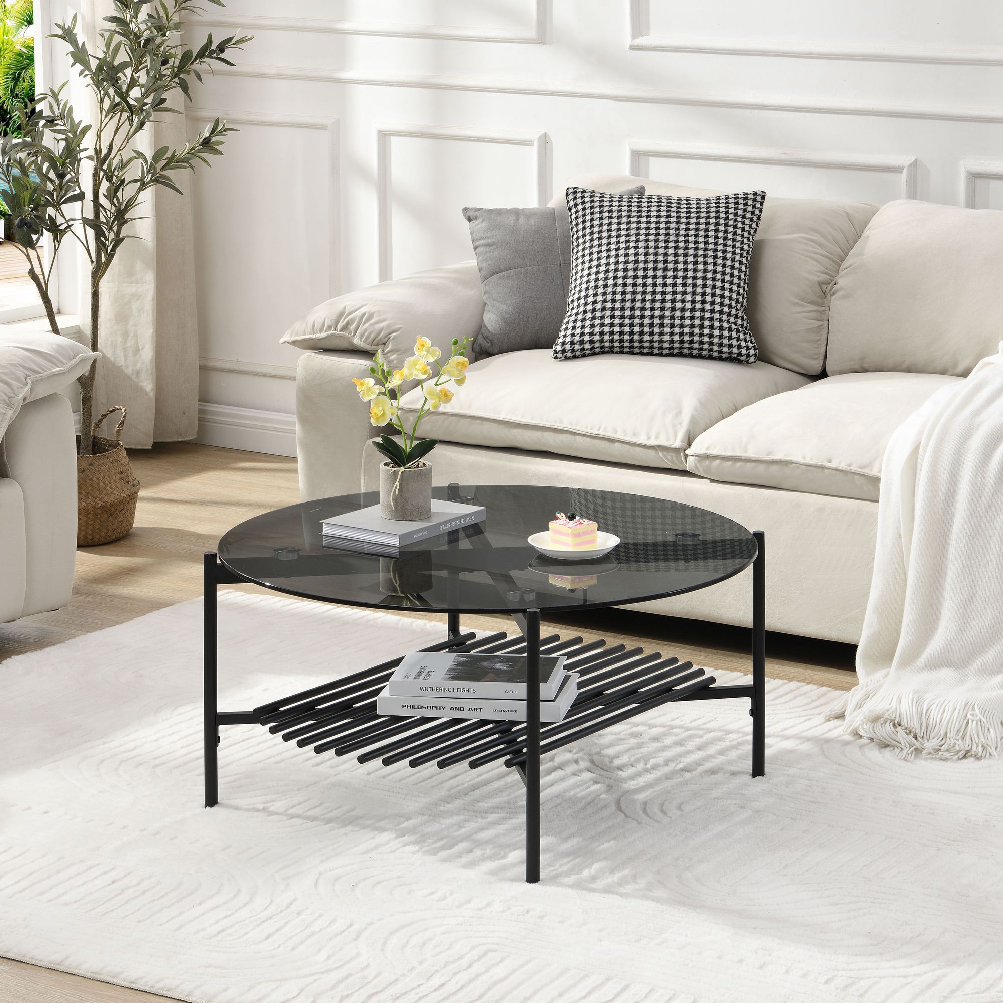 Couchtisch FineBuy Wohnzimmertisch Glas Metall 80 cm Schwarz Rund Sofatisch – Ansicht 2