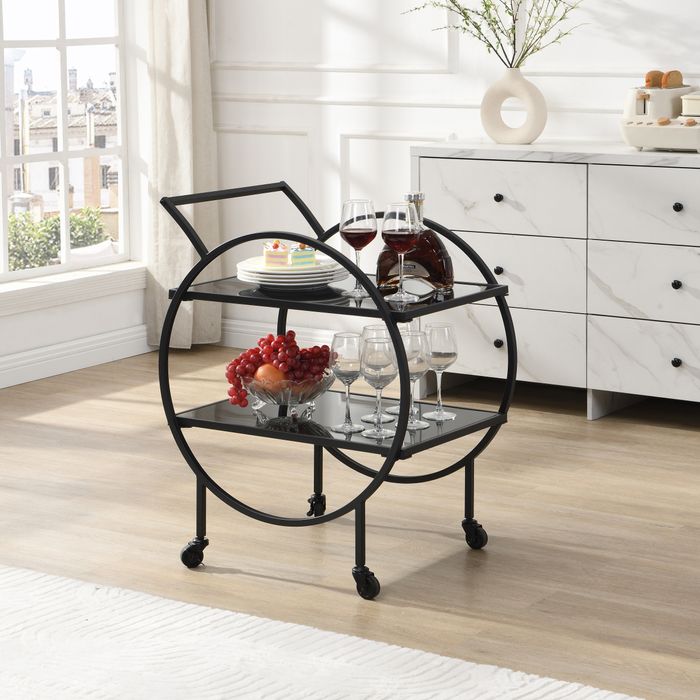 FineBuy Design Servierwagen mit Rollen & Bremse, 2 offenen Ebenen mit schwarzem Glas, Barwagen, Teewagen, Küchenwagen für Küche, Esszimmer, Bar