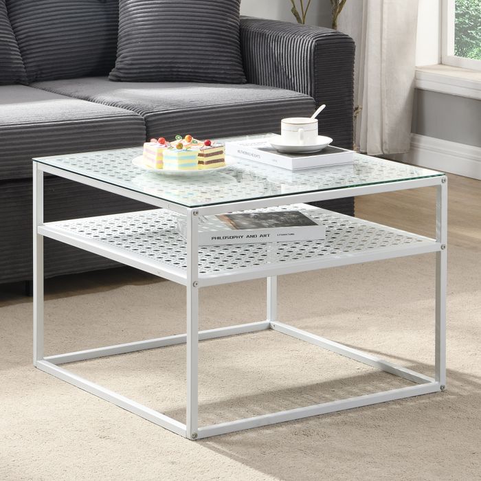 FineBuy Couchtisch Glas Metall 60x60x45 cm, Quadratischer Wohnzimmertisch Modern mit Ablage, Beistelltisch Sofatisch Glastisch Klein