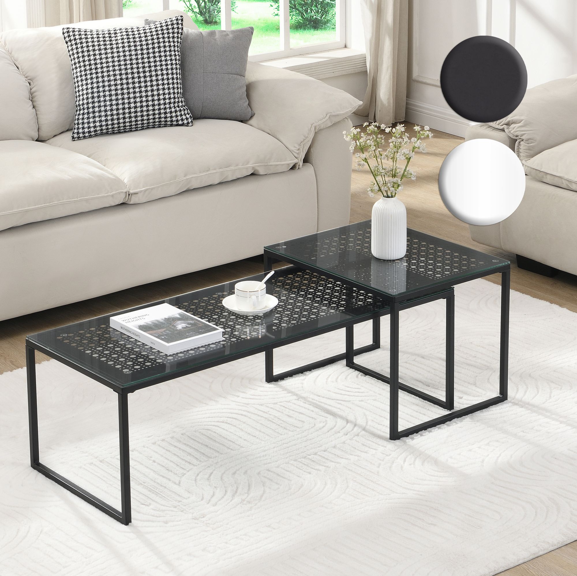 FineBuy Satztisch Glas Metall 2er Set Modern Couchtisch, Design Sofatisch Platzsparend, Wohnzimmertisch Kaffeetisch Rechteckig & Quadratisch | Farbe: Weiß