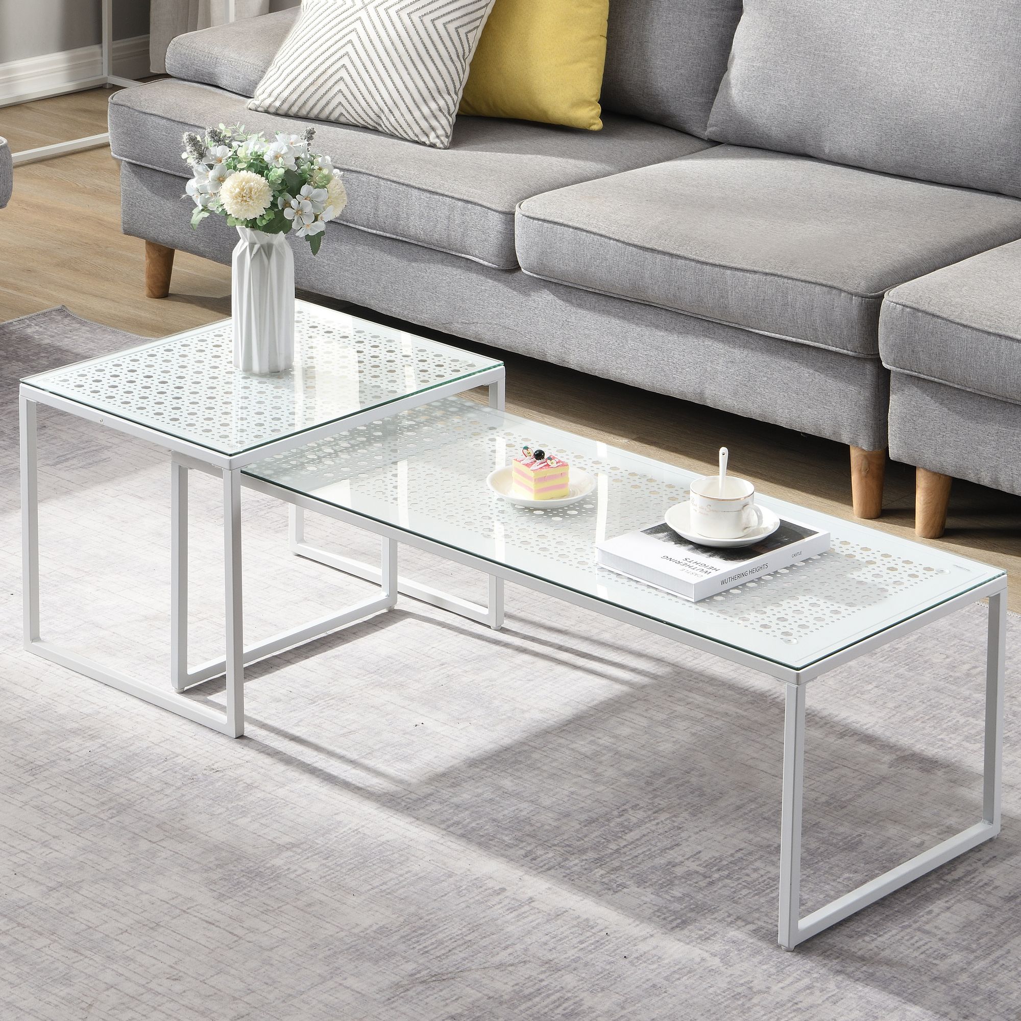 Satztisch FineBuy 2er Set Glasplatte Metallgestell Couchtisch Sofatisch Modern – Ansicht 1