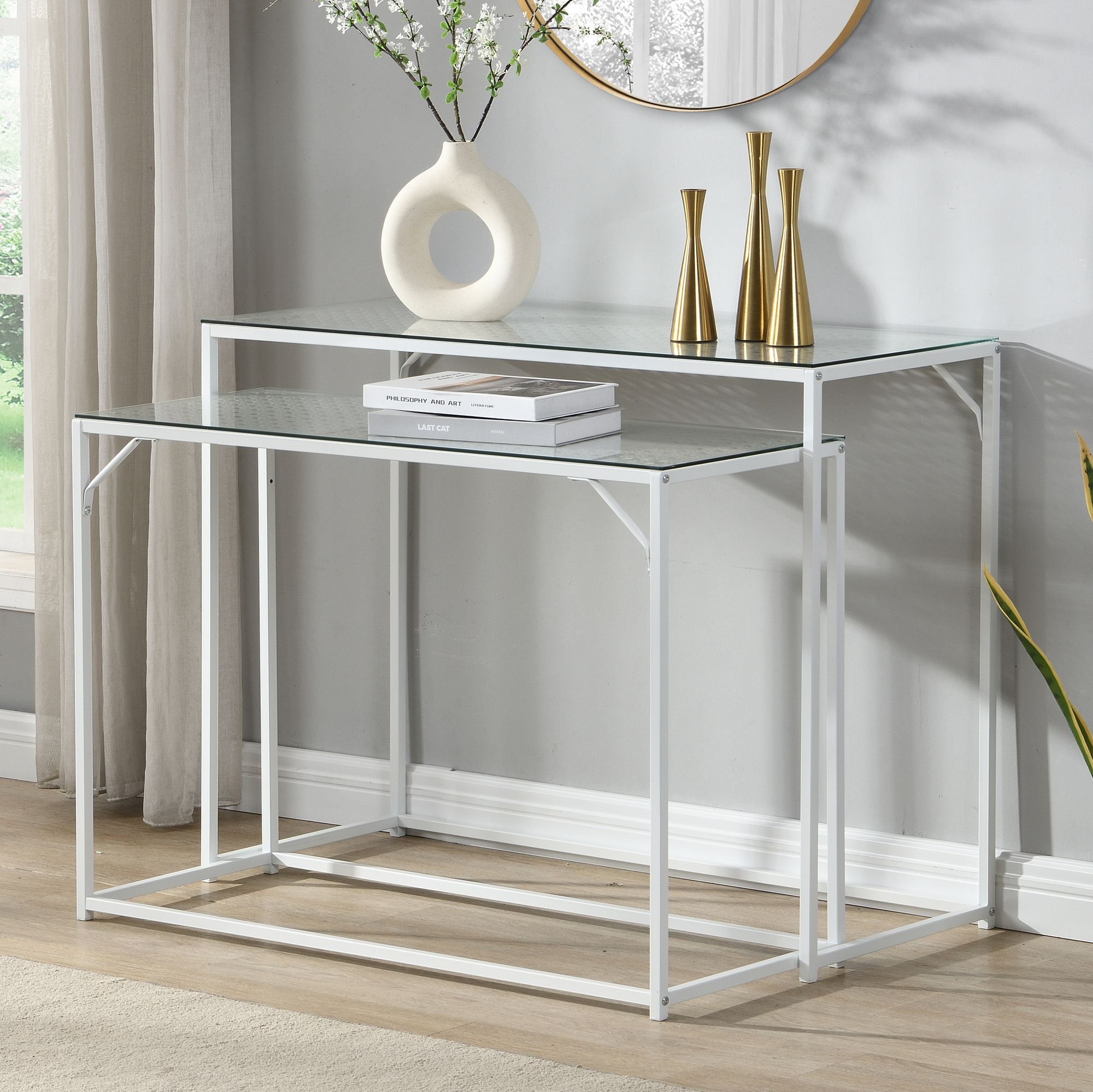 2er Set Konsolentische FineBuy Flurtische Metall Glasplatte Modern Industrial – Ansicht 1