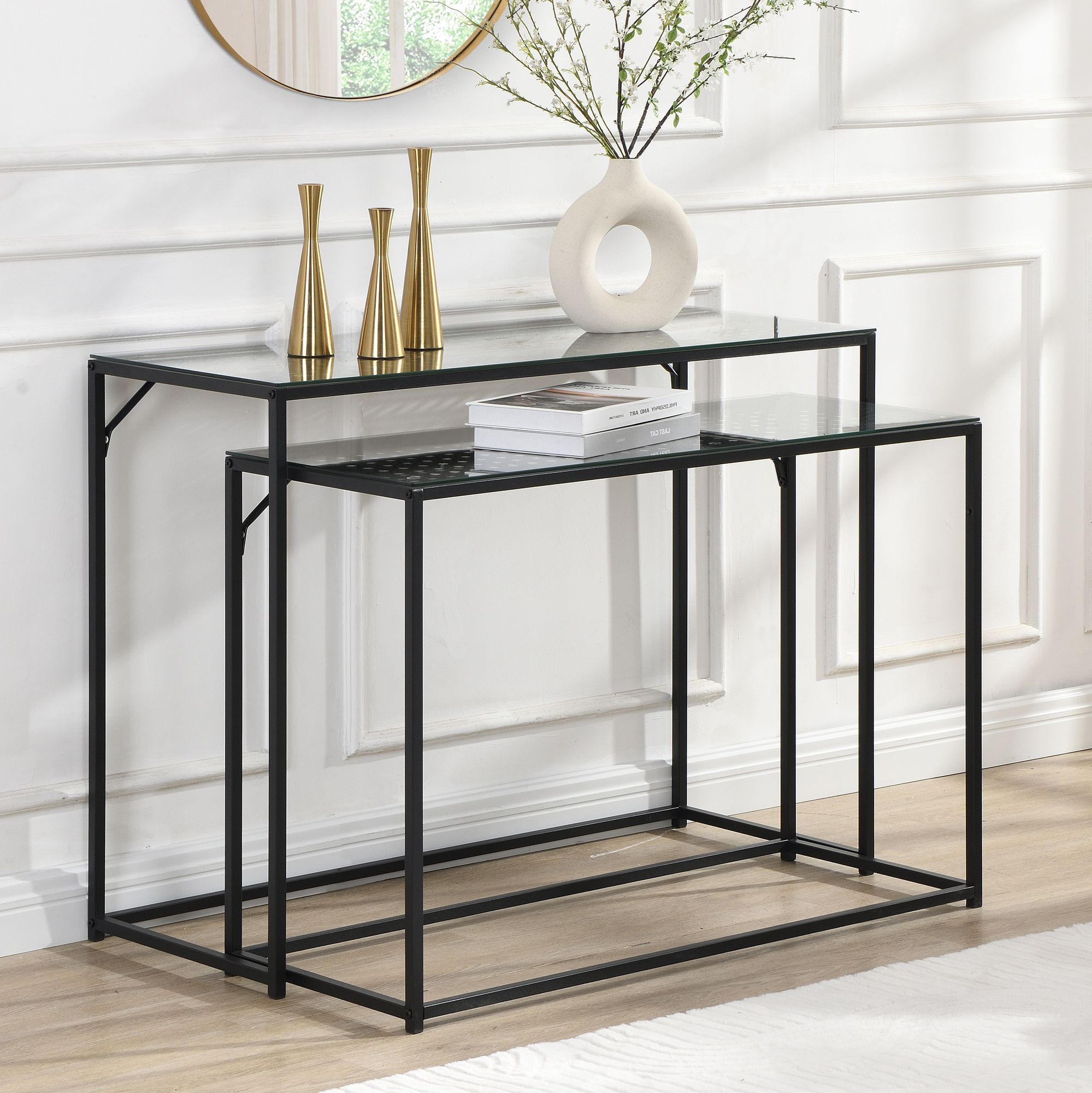 2er Set Konsolentische FineBuy Flurtische Metall Glasplatte Modern Industrial – Ansicht 1