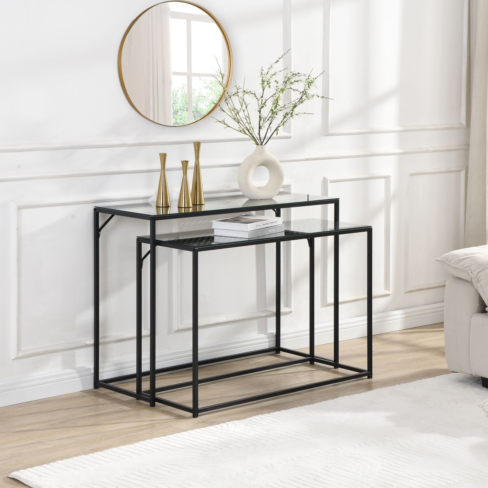 2er Set Konsolentische FineBuy Flurtische Metall Glasplatte Modern Industrial – Ansicht 2
