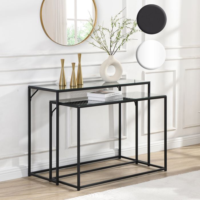 FineBuy Konsolentisch Set 2er Metall mit Glasplatte, Moderne Dekotische für Flur Wohnzimmer, Schmale Ablagetische im Industrial Design, platzsparend und ineinander schiebbar