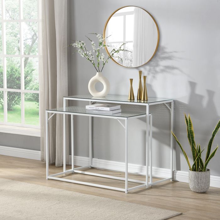 FineBuy Konsolentisch Set 2er Metall mit Glasplatte, Moderne Dekotische für Flur Wohnzimmer, Schmale Ablagetische im Industrial Design, platzsparend und ineinander schiebbar