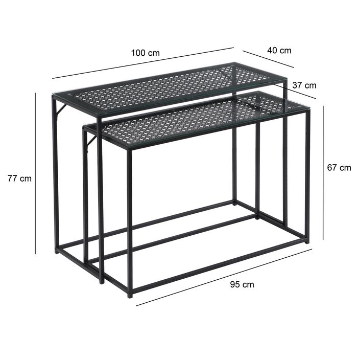 2er Set Konsolentische FineBuy Flurtische Metall Glasplatte Modern Industrial – Maßzeichnung