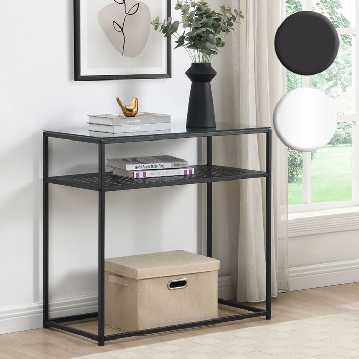 FineBuy Konsolentisch Glas Metall 80x40x77 cm Flurtisch Schmal, Ablagetisch Eingangsbereich mit Glasplatte & Metallgestell, Design Glastisch mit Ablage